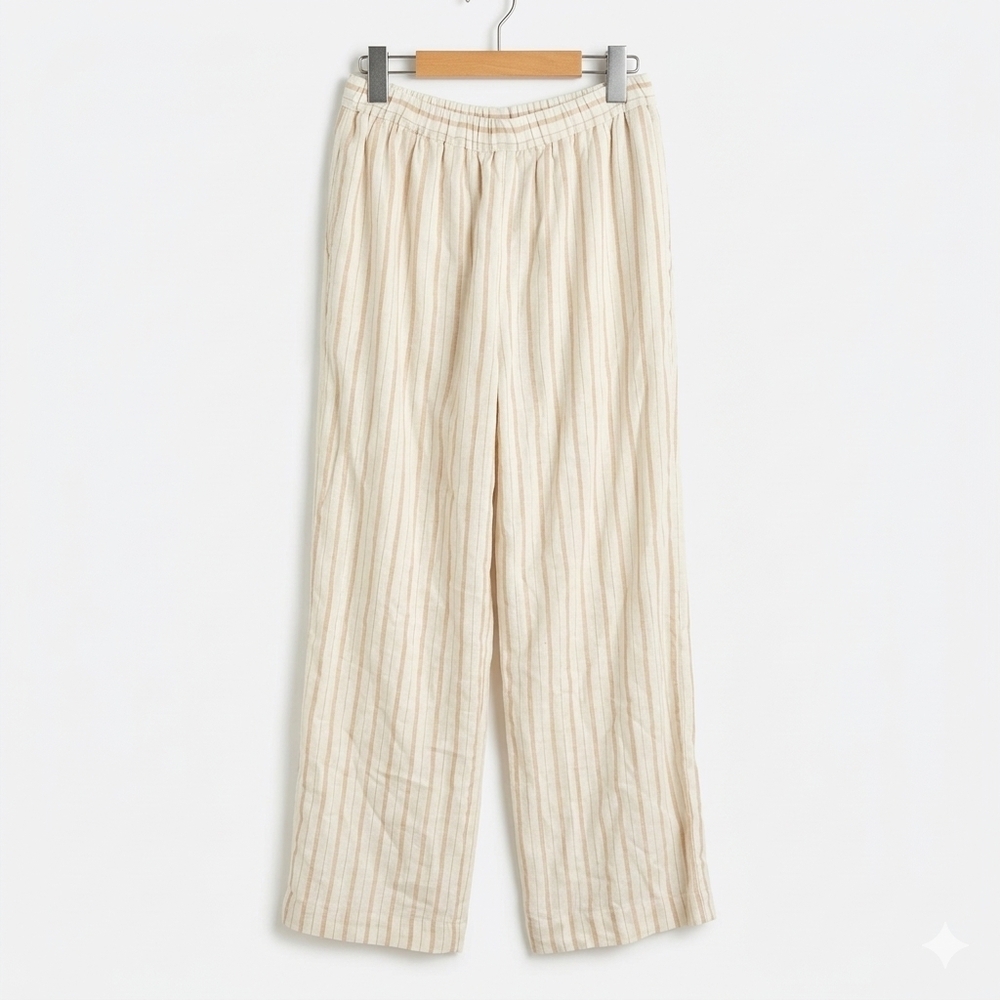Dex Cream Tan Tie-Waist Linen Blend Pants with Subtle Stripes Size Medium - Picture 3 of 9